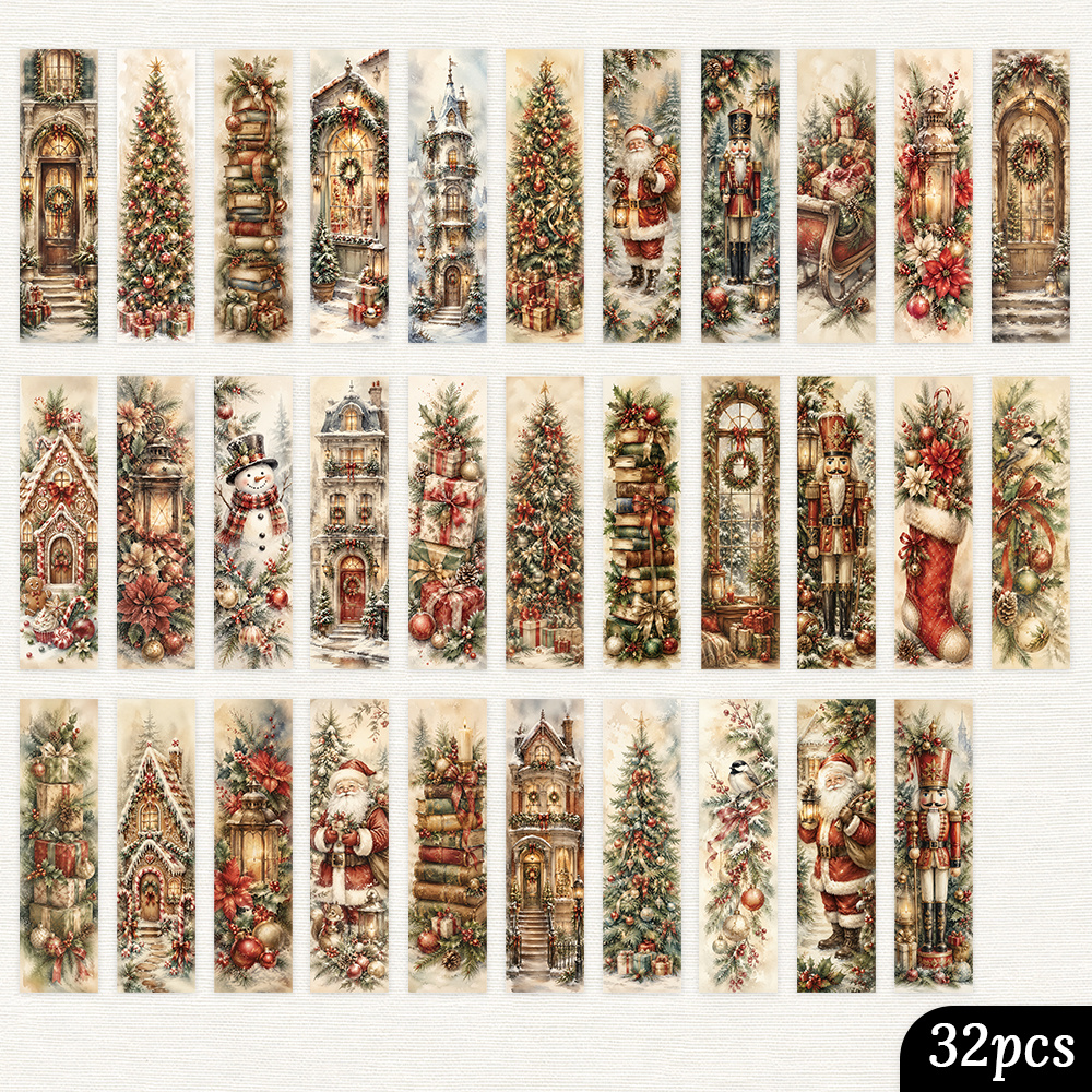 TEMU 32pcs, Bookmarks, Retro Watercolor Christmas Book, Santa Claus Christmas Tree Nutcracker Elements, 32 Styles Of Patterns, Suitable For