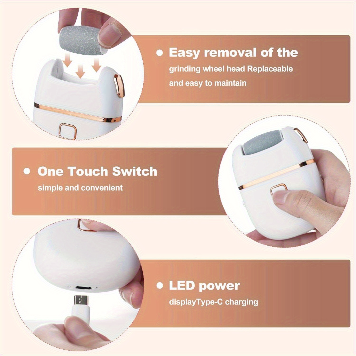 Foot Reflexology Foot Dermabrasion File- Portable and Easy to Use with 3 Replaceable Heads Smooth Feet, Thick Polishing and Cracked Light Beige Care, Sander, Grinding