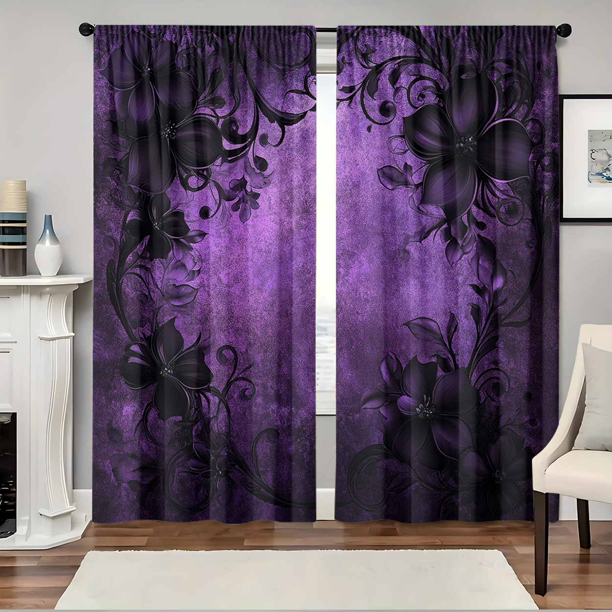 TEMU 2pcs, Polyester Material, Hd Digital Purple Style With Branch Pattern Print, Light Filtering Curtain, Suitable For Bedroom, Living Room, Office