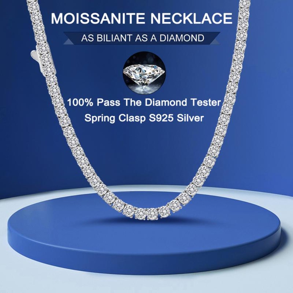 TEMU 925 Sterling Silvery Plated Moissanite Tennis Necklace, Vvs Grade Sparkling Moissanite Spring Clasp, Original Jewelry, Fashionable Chic,