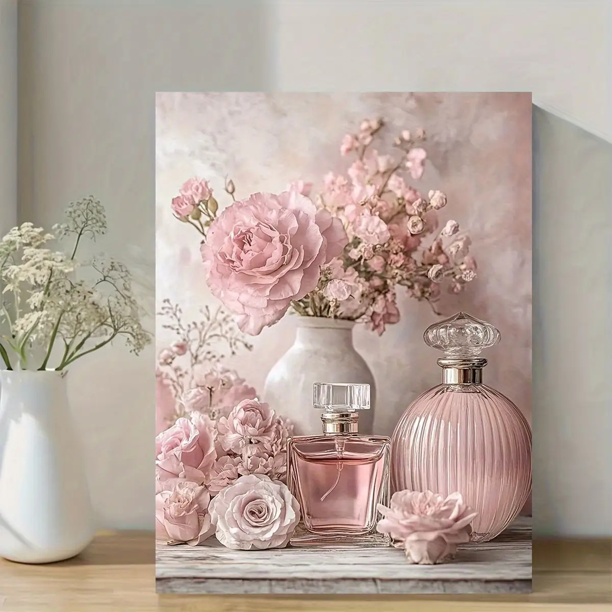 E-shop 2D Flat, 2D Flat, [2D Flat] . Vintage Blumen Parfümflaschen Leinwand Wandkunst - Rosen in Pastell Blumendekor, Gerahmtes Leinwandgemälde mit