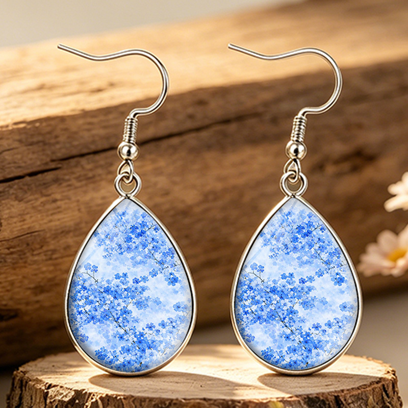 Light Blue Cherry Blossom Tear Drop Glass Cabochon Earrings