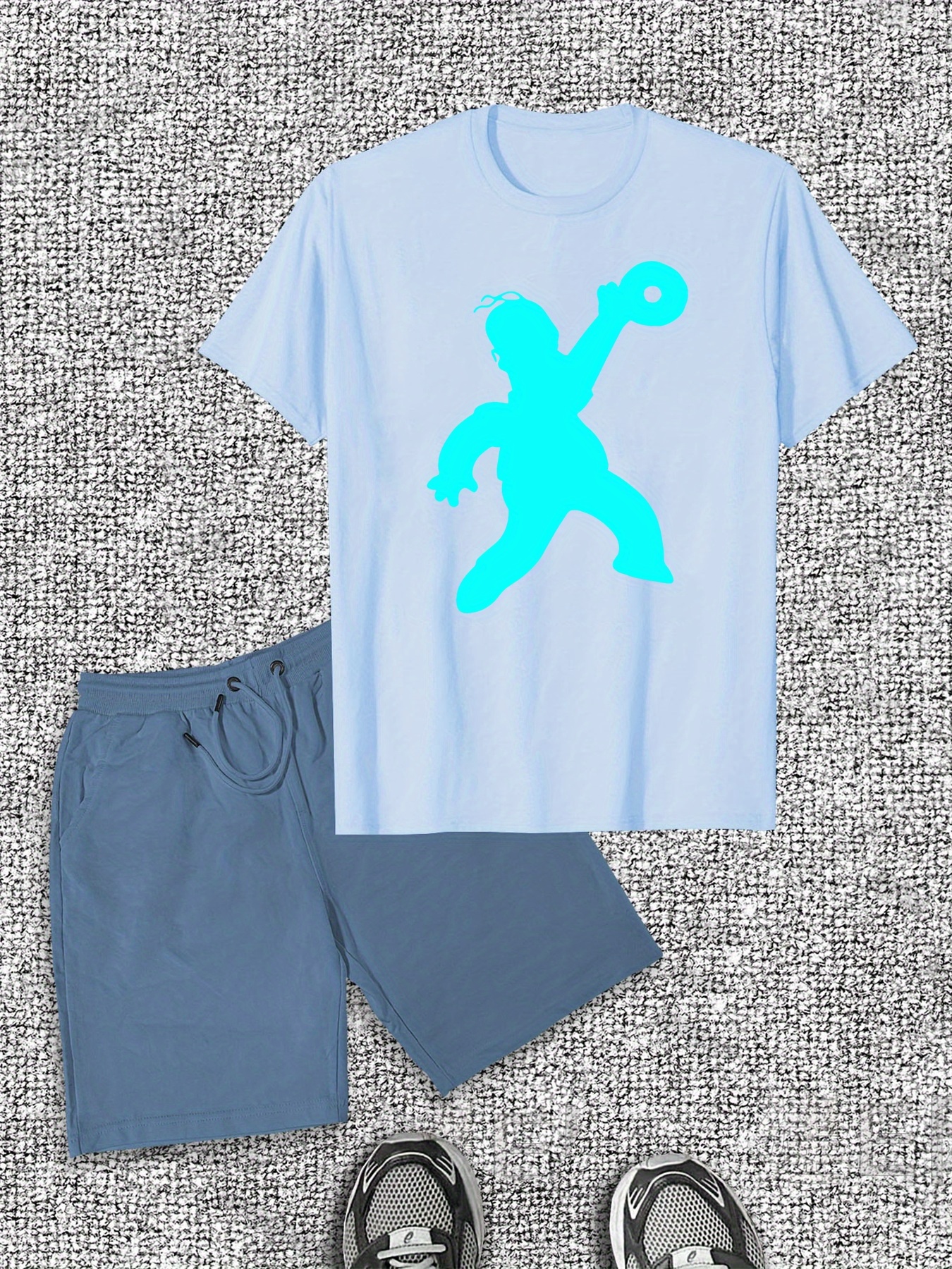 Men'S Casual Summer T-Shirt & Shorts Set, Cotton Crew Neck, Solid Color with Dynamic Cartoon Print, Slight Stretch Fabric, Regular Fit - Ideal for Casual Attir