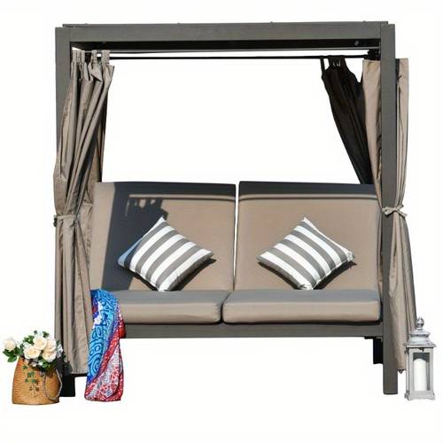 2 person outdoor patio sunbed with weather resistant synthetic rattan manual reclining backrest built in canopy storage pockets hard floor compatible for poolside garden or deck backyard relaxation weave adjustable backrest poolside relaxation