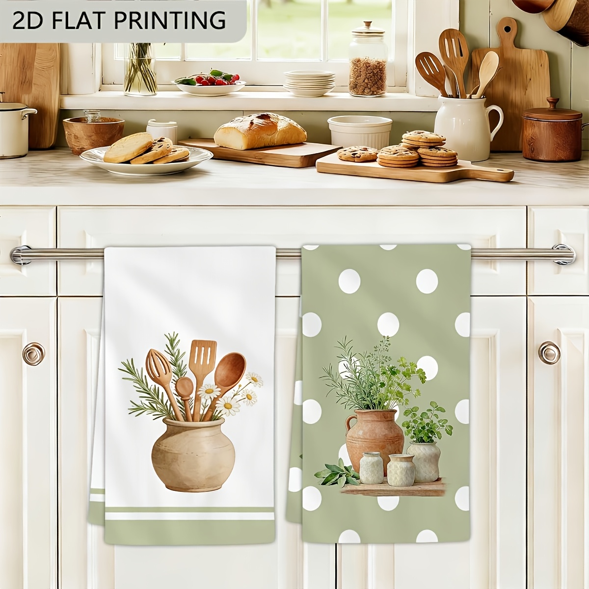 TEMU Dokriy 2pcs, Sage Green Polka Dots Terracotta Pots Wooden Utensils Herbs Kitchen Towels, Soft Rustic Farmhouse Botanical Dish Towels For Kitchen