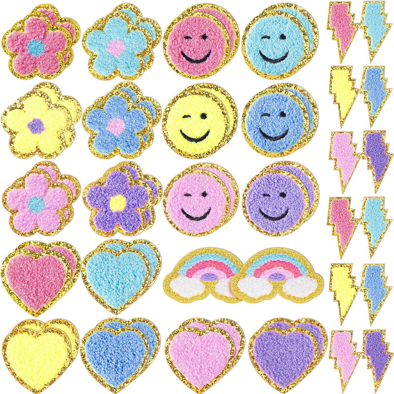 TEMU 50pcs Self Adhesive Chenille Patches Paw Print Smile Face Heart Patch Preppy Sticker Chenille Rainbow Sew On Sticker For Jackets Jeans(multiple
