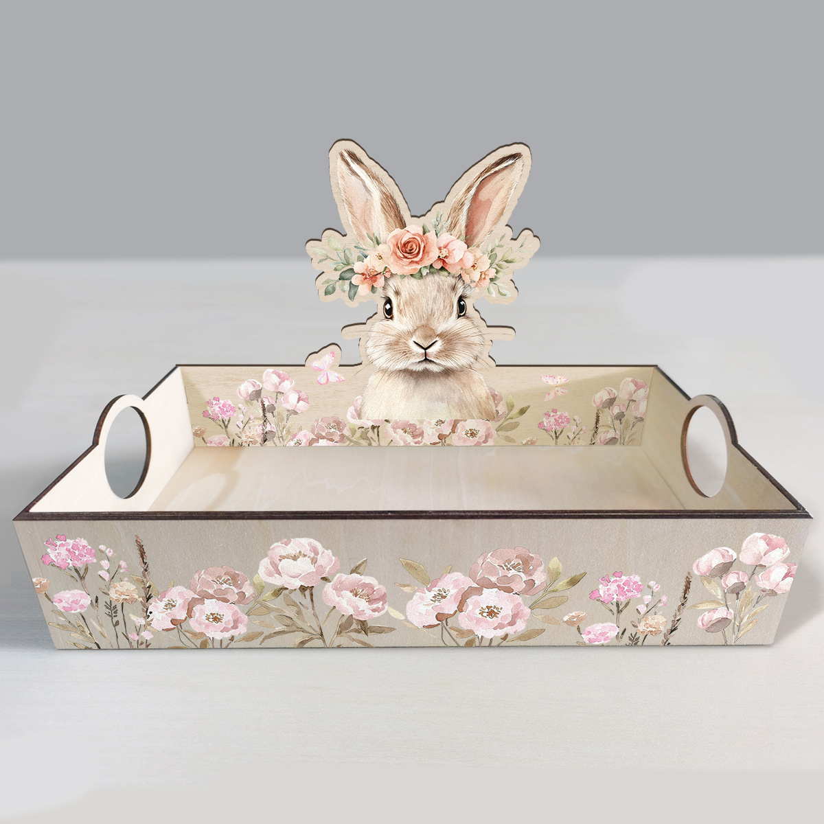 TEMU 1pc Wooden Storage Basket With Easter Bunny And Floral Tray, Perfect For Storage For And Holiday Decor, Showcasing Vitality And Exquisite Carved