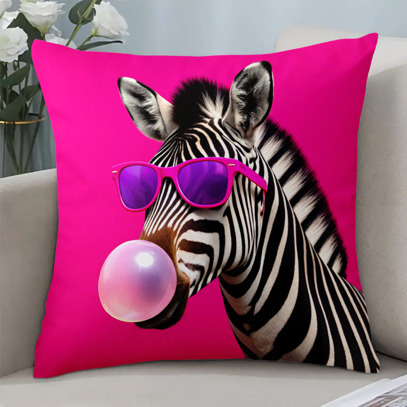 TEMU 1pc Zebra In Pink Fashion Glasses Cushion Cover - Bubblegum Short Plush Pillowcase Suitable For Home Sofa Car, Zipper Closure Decorative Cover,