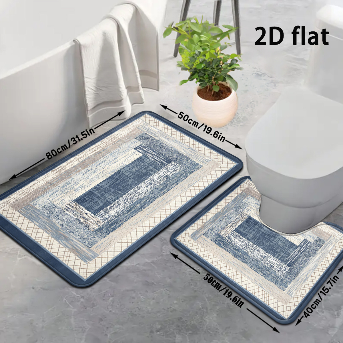 TEMU 2d Flat, 2d Flat, 2d Flat Printing 2pcs Blue Abstract Geometric Bathroom Mats In A Modern Minimalist Style, Bathroom Mat Set, Carpet, Bathroom