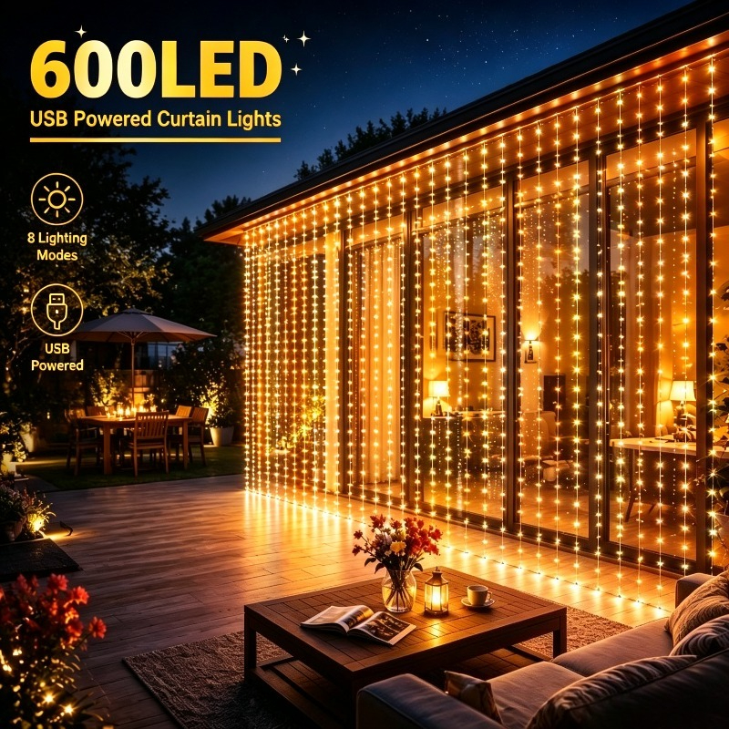 TEMU 600led Christmas Curtain Light | 8pcs Flashing | Powered Fairy Light String Led Curtain Light | Warm White/colorful/white Light 3-color Optional