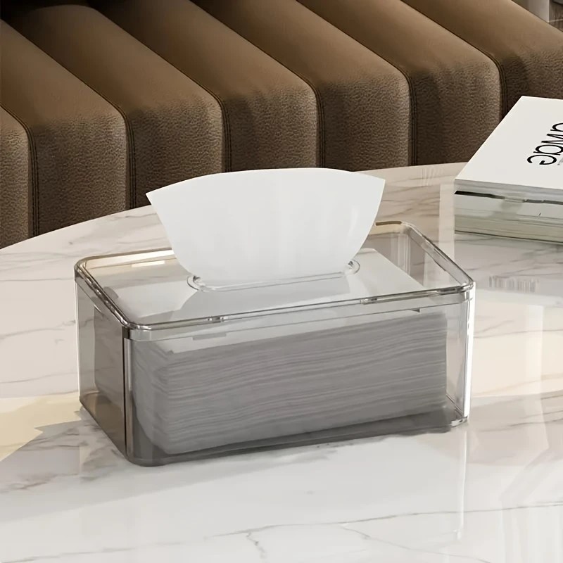 a modern transparent acrylic tissue box cover with a  , featuring a smooth tissue outlet, suitable for decorating bath  and living  . Product details 0