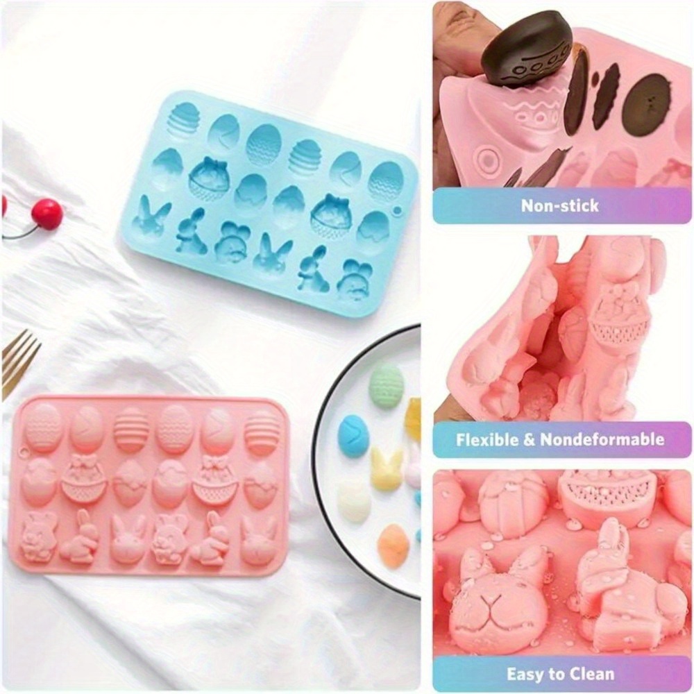 2Pcs Easter Silicone Baking Moulds |Blue & Pink| 12 Cavity Egg Bunny Shaped Non-Stick Reusable Tray, DIY Chocolate Candy Jelly Fondant Mold For Easter