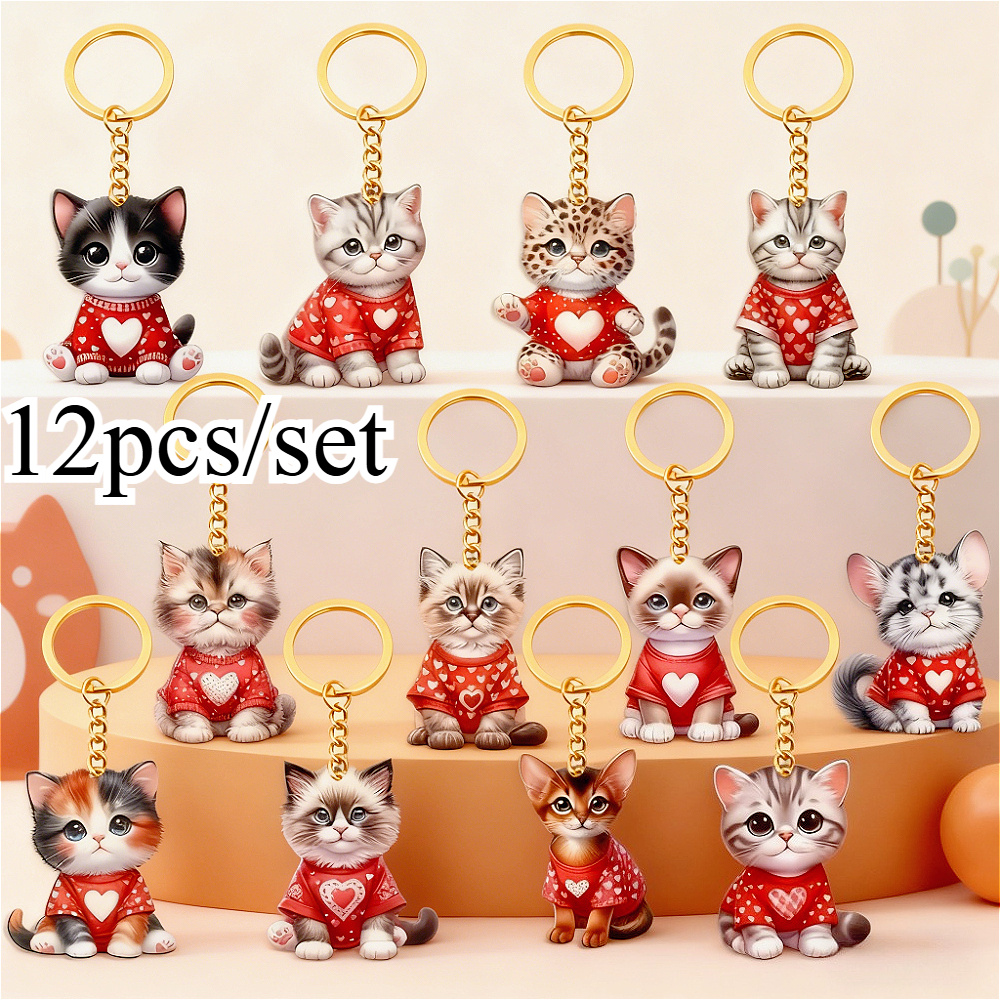 TEMU 2d , 12pcs Cute Kitten Keychain Set - Adorable 2d Acrylic Backpack Charms, Featuring Cat Faces And , Lightweight And Durable, Suitable For