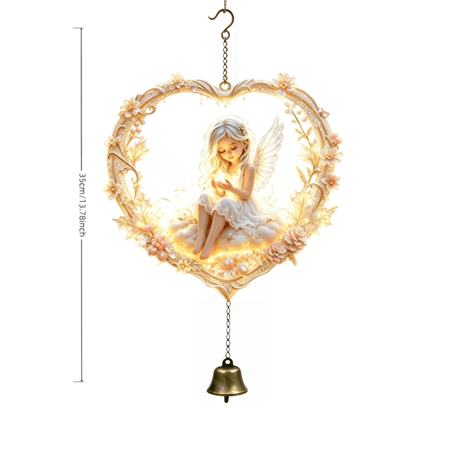 TEMU Luminous Wind Chime With Heart-shaped Wreath & Bell - Glowing On Clouds, Frame, Transparent Wings Suitable For, Balcony, Door Decor, Christmas
