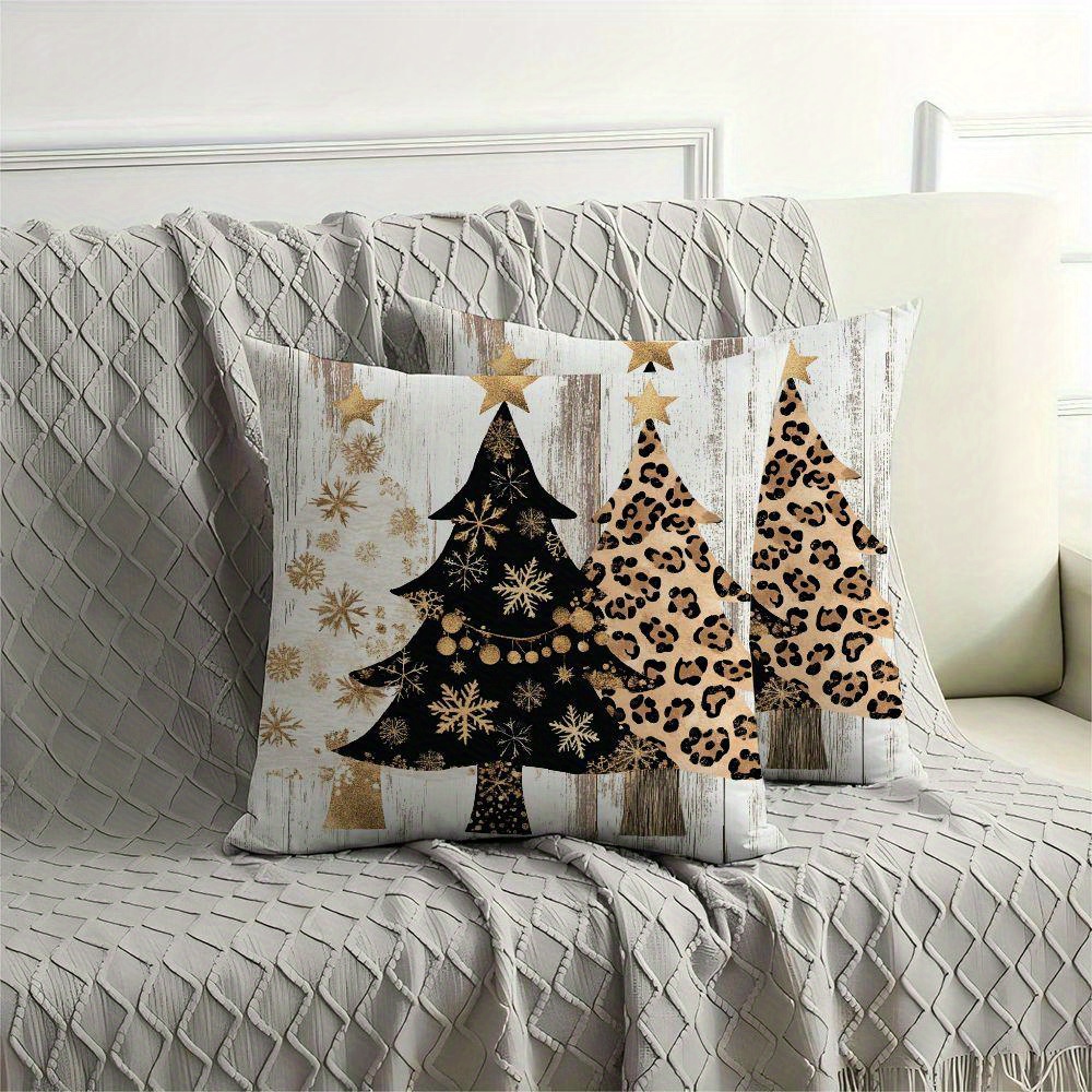 

2-pack Contemporary Christmas Tree Throw Pillow Cushion Cases With Zipper Closure, Machine Washable, Mixed Color Polyester Decorative Pillow Covers For Room Types - Leopard Print And Snowflake Design