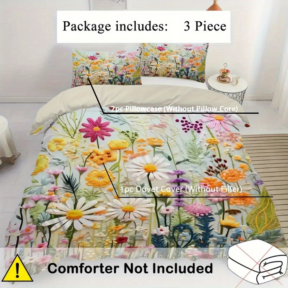 TEMU 3pcs Colorful Oil Painting Style Flowers And Leaves Print Duvet Cover Set (1 Duvet Cover   2 Pillowcase, Without Core), Spring For All Season,