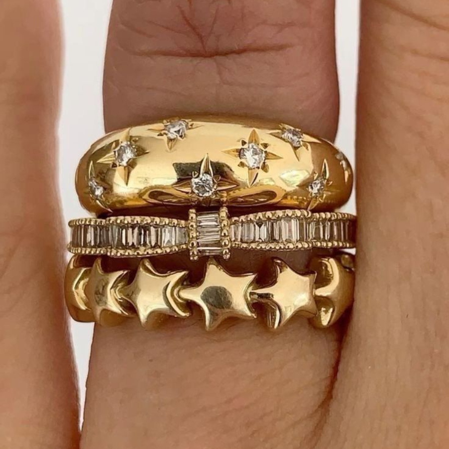 E-shop 3-teiliges Sternmuster Synthetisches Zirkonia Eingelegtes Elegantes Damenring Set Kreatives Design Sinn Vintage Damen Schmuck Party Tragen