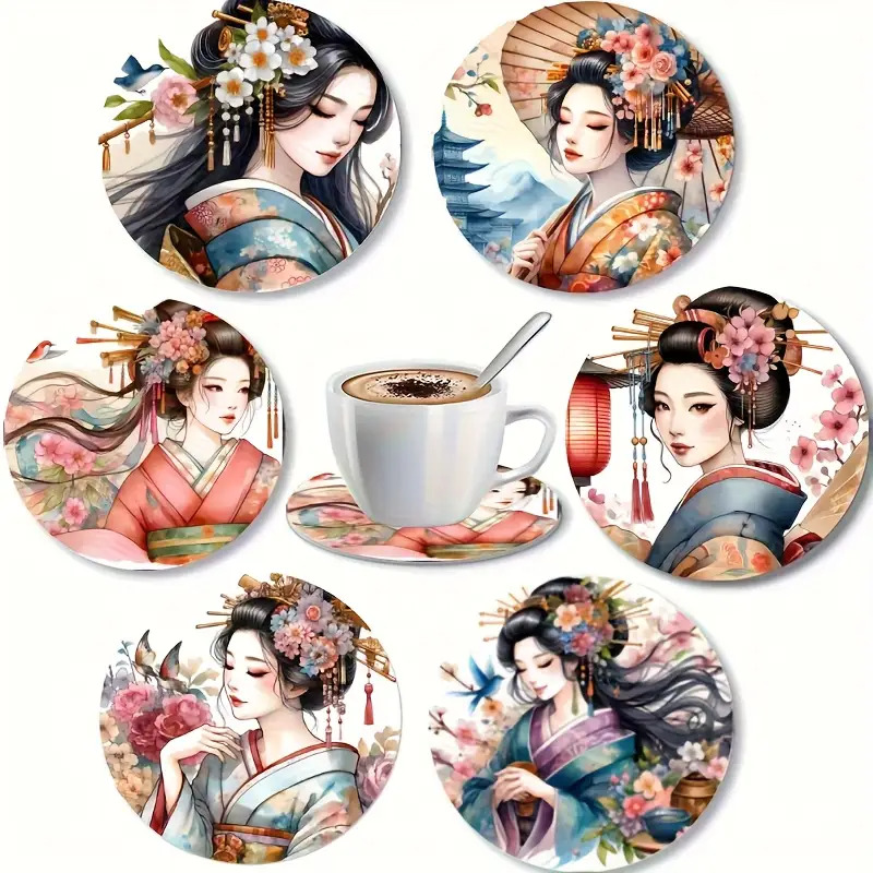 TEMU 6pcs (2d-6pcs) Japanese Geisha & Cherry Coasters - Wood Suitable For Kitchen, Dining Table, Tea/coffee/ Use - Traditional Japanese Decor, Hand