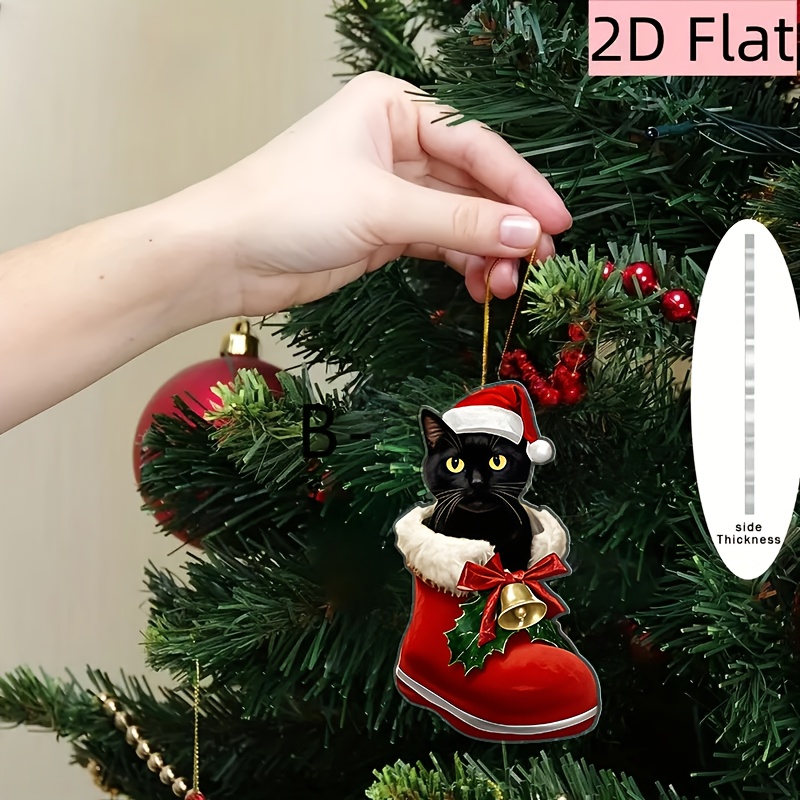 TEMU 2d Flat, 1pc 2d Flat Acrylic Christmas Tree Ornament - Black Cat With Red Socks And With A Santa Hat, Easy-to-hang Loop For Indoor/outdoor
