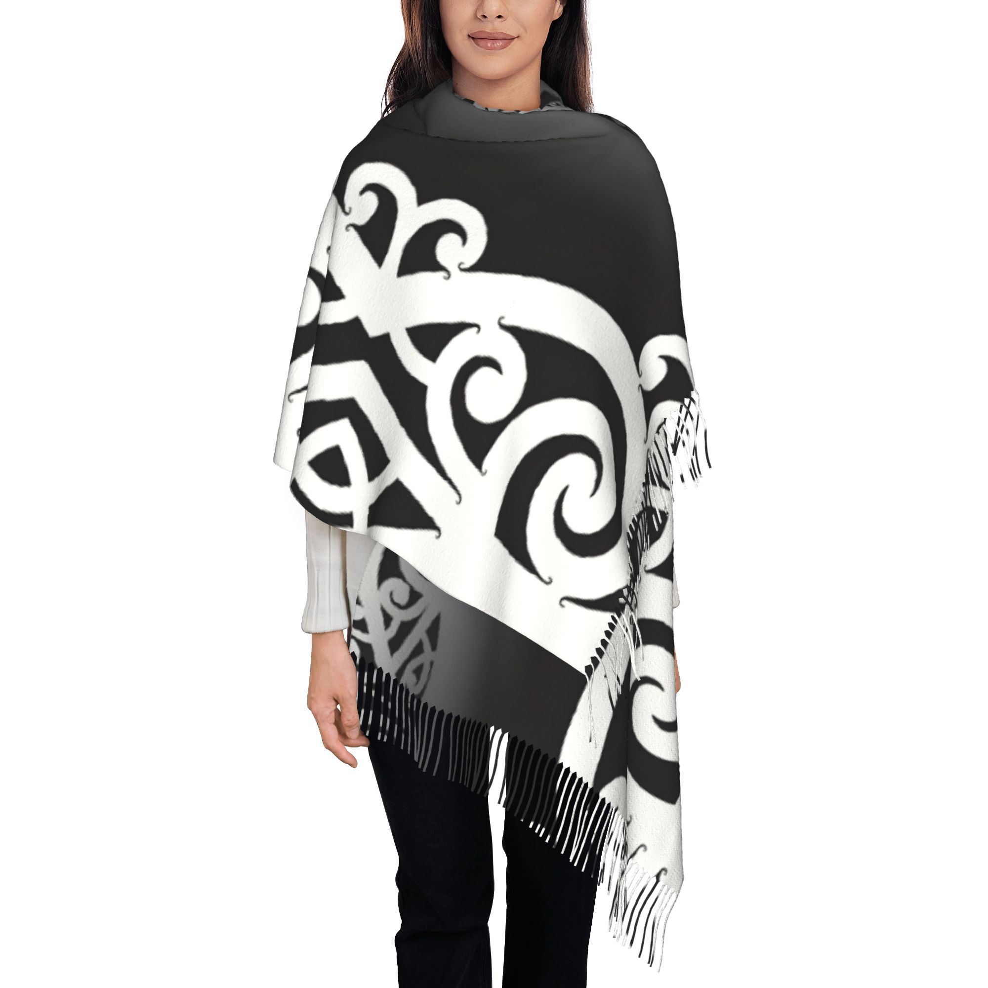 TEMU A Warm, Fringed Shawl Featuring A Black And White Layered Maori Koru Design, Ideal For Casual And Perfect As Gifts For Birthdays, Christmas, And