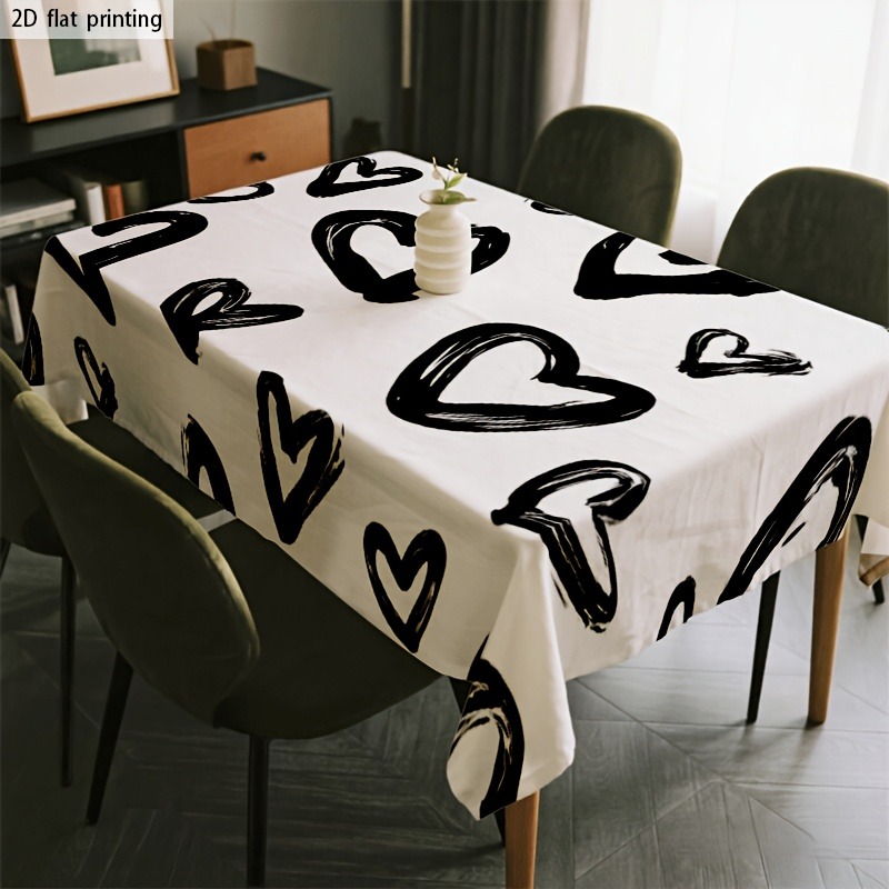 TEMU 1pc Black And Hand-drawn Heart Pattern Tablecloth - Soft Machine Washable Rectangular Tablecloth For Dining Table, Coffee Table, Picnic, Camping