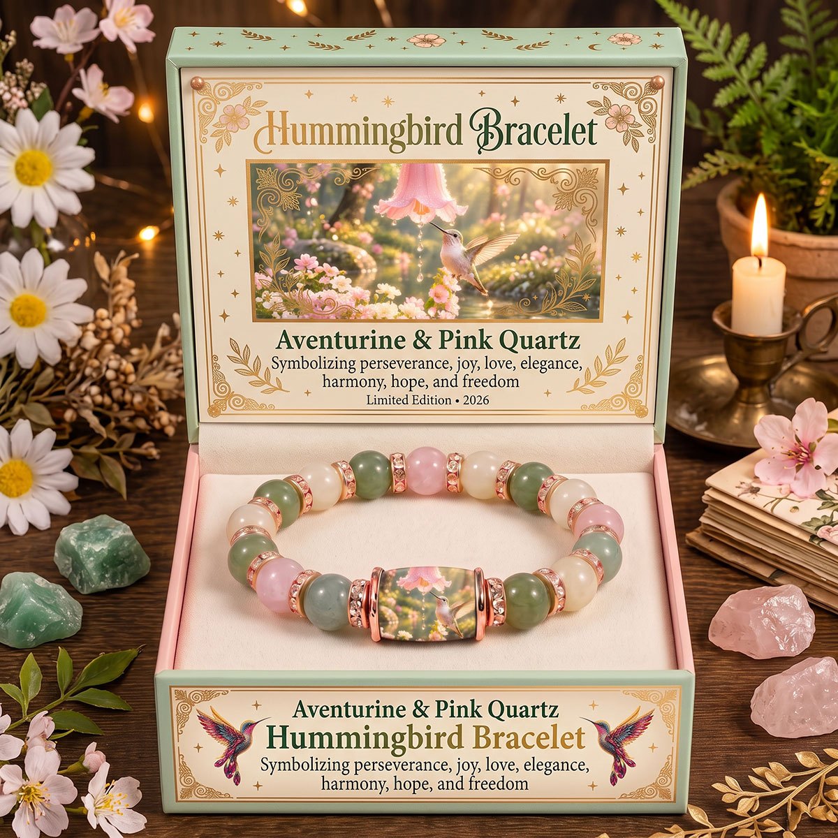 Hummingbird Hope pink and green beaded bracelet
