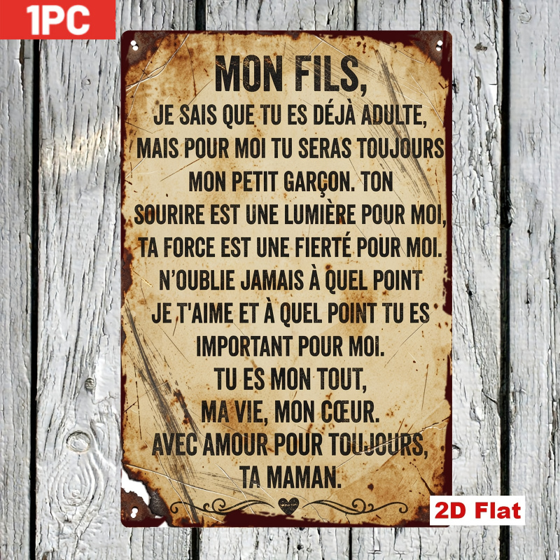 TEMU Plaque métallique plate 2D, 1 pièce, panneau métallique français vintage, ", tu mon petit garçon", plaque métallique amusante pour man cave,