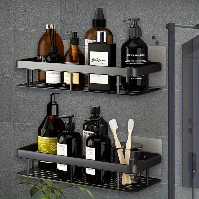 1 2 pack black heavy duty plastic wall mounted storage shelf no drill     space saving bathroom kitchen organizer shower caddy system multi layer shelf