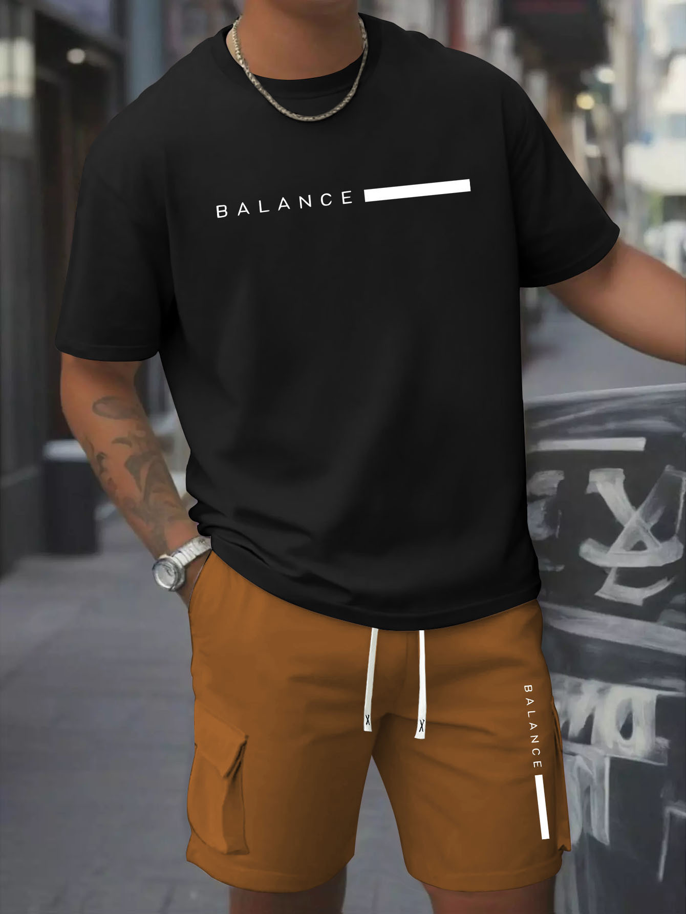 Printed Men's 2pcs Set: Round Neck Cotton Short Sleeve T-Shirt and Work Shorts, Suitable for Spring/Summer