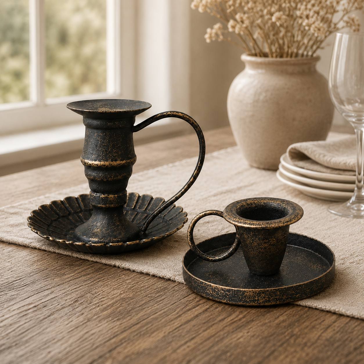 TEMU 2pcs Vintage Metal Candlestick Set, 2pcs Different Styles Of Candlesticks, Black Golden Distressed Cone-shaped Candle Holders, With Decorative