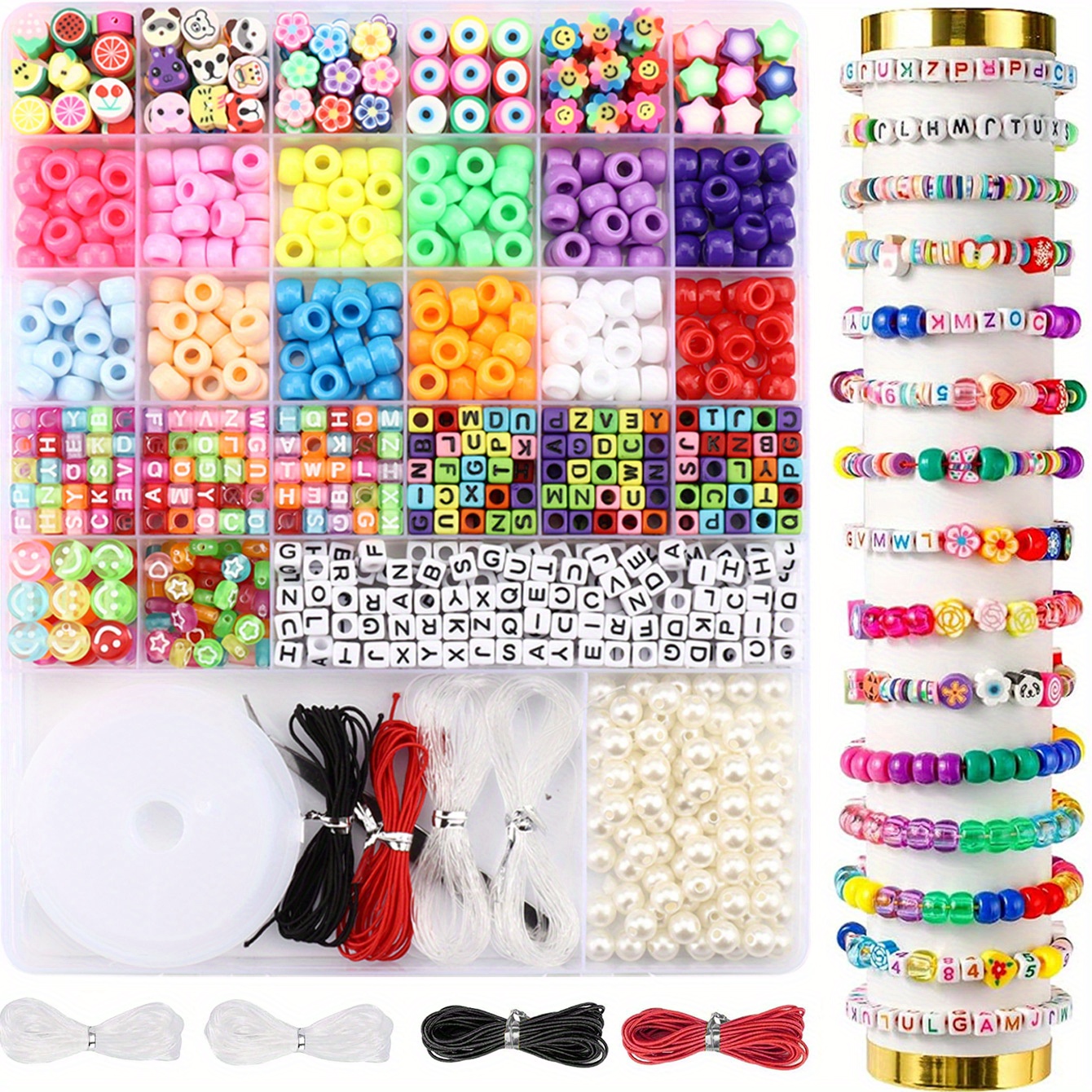 Image of Bead Bracelet Making Kit, Bead Kits For Bracelets Making With Pony Beads, Polymer Fruit Clay Beads, Charm Beads, Letter Beads For Bracelets And Jewelry Making