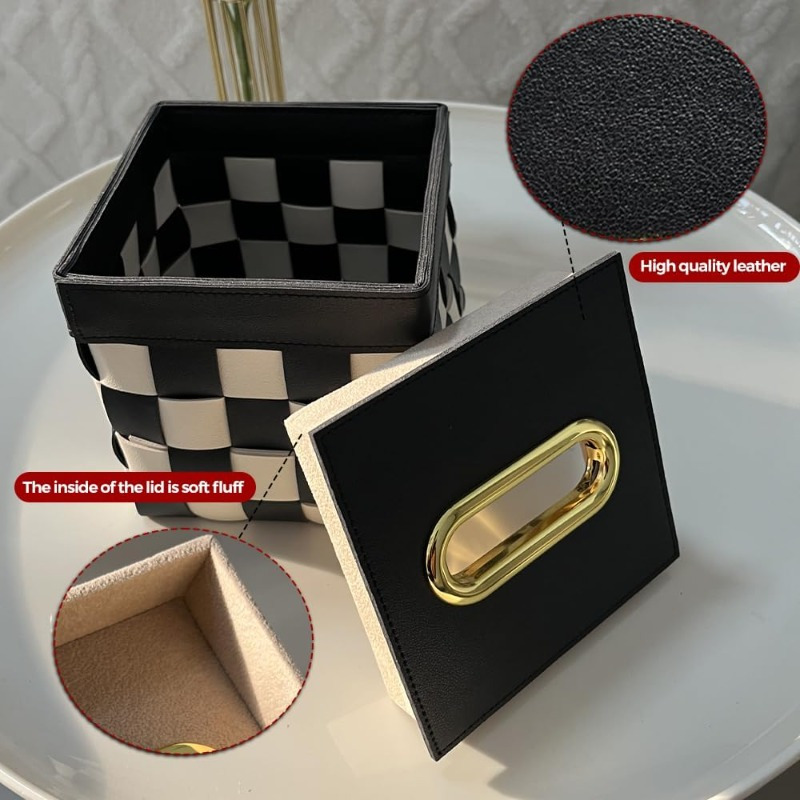 modern cube tissue box cover black and white checkerboard farmhouse decor with golden accent bathroom desk organizer tissue dispenser for living room bedroom office housewarming gift bedroom accessory contemporary design durable construction Product details 2