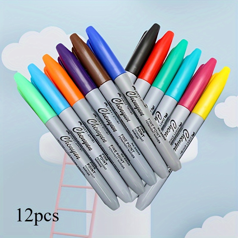 12 color fine point permanent marker set for office classroom and home use   dry non toxic ink durable plastic material eraser proof  