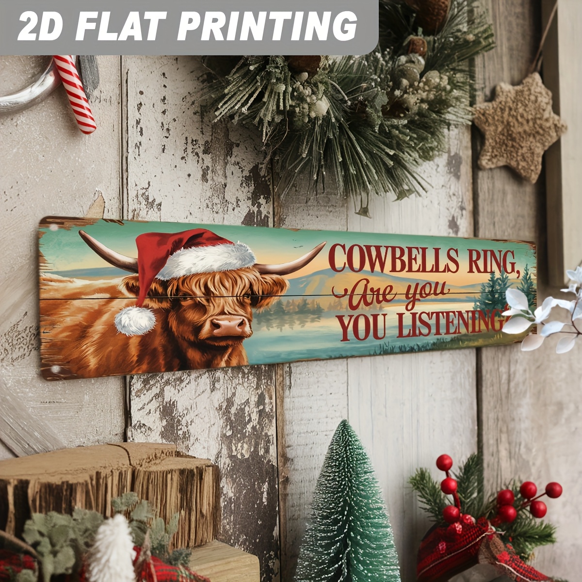 TEMU 2d Flat, 1pc Highland Cow Scottish Cow Bell Ringing Ring Christmas Sign - Rustic Wooden Wall Art With Scottish Style, Farmhouse Holiday Plaque,