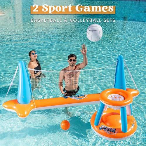 inflatable pool float volleyball net basketball hoops floating swimming party games activities toy for kids and adults summer floaties volleyball court basketball l orange