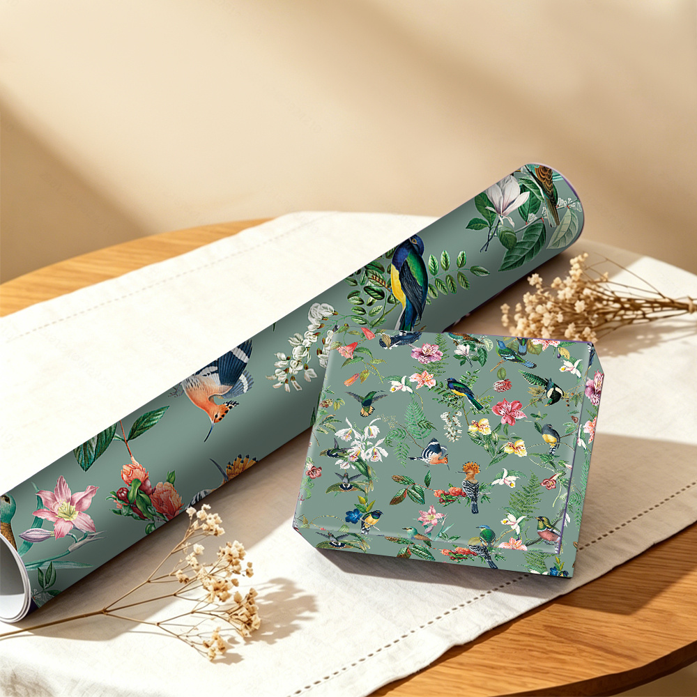 TEMU 1 Rolle, 2D 19,69x118,11 Zoll Geschenkpapier mit Vintage-Blumen- & Vogelmuster, universelles Verpackungsmaterial für Geburtstagsgeschenkboxen,