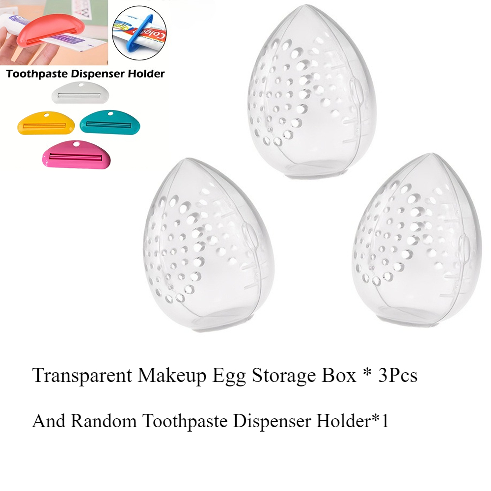 TEMU 4pcs Set (3 Makeup Sponge Storage Boxes + 1 Random Color Toothpaste Dispenser Holder), Plastic Makeup Sponge Storage Box With Breathable Holes,