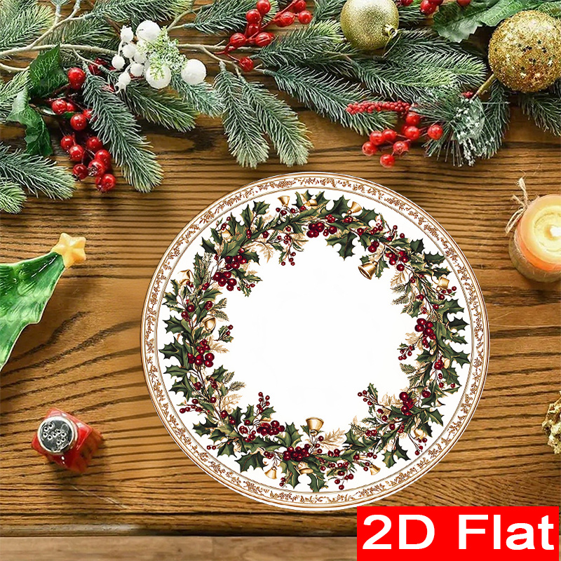 6pcs Round Christmas Placemats Suitable For Holiday Table Settings - Elegant Poinsettia & Garland Patterns, Polyester Circular Table Protectors For Party Dining, Decorative Tableware (-care)