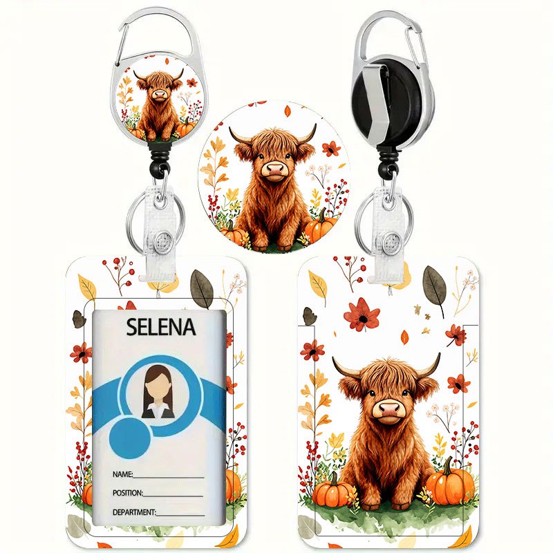 TEMU Porte-cartes avec impression de yak et de fleur de citrouille et enrouleur de badge rétractable - Porte-cartes d'identification et de crédit,