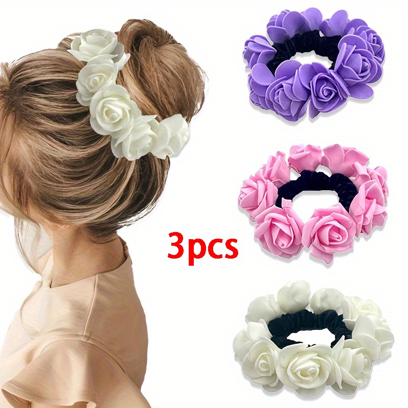 E-shop 3 Stück Böhmischer Stil Rote Rosen Haargummis | Künstliche Blumen Hoch-elastische Haarbänder, Märchenstil Kopfschmuck, Hochzeitsbraut