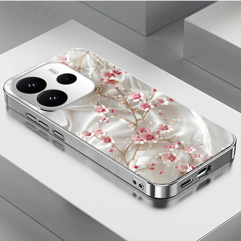 TEMU Phone Case - A White Floral Patterned Electroplated Silvery Tempered Glass Phone Case Suitable For Xiaomi 14t Pro/redmi Note 14/note 14 Pro/note