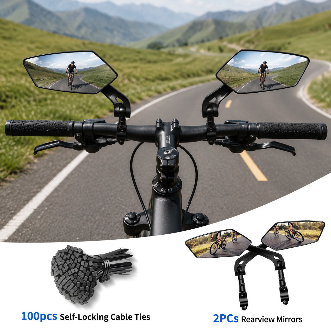 TEMU 3pcs Set (2pcs Rearview Mirrors + 100pcs Self-locking Cable Ties) | Adjustable Rearview Mirrors For Bicycles & Electric Scooters, Universal