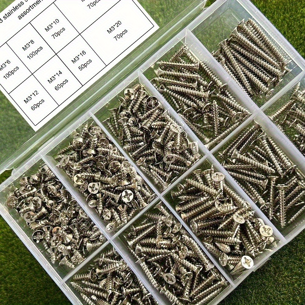 E-shop 580-teiliges Set aus 8 Größen Edelstahl M3 Selbstschneidenden Schrauben, Holz- und Metallschraubensatz mit Sicherungsfunktion