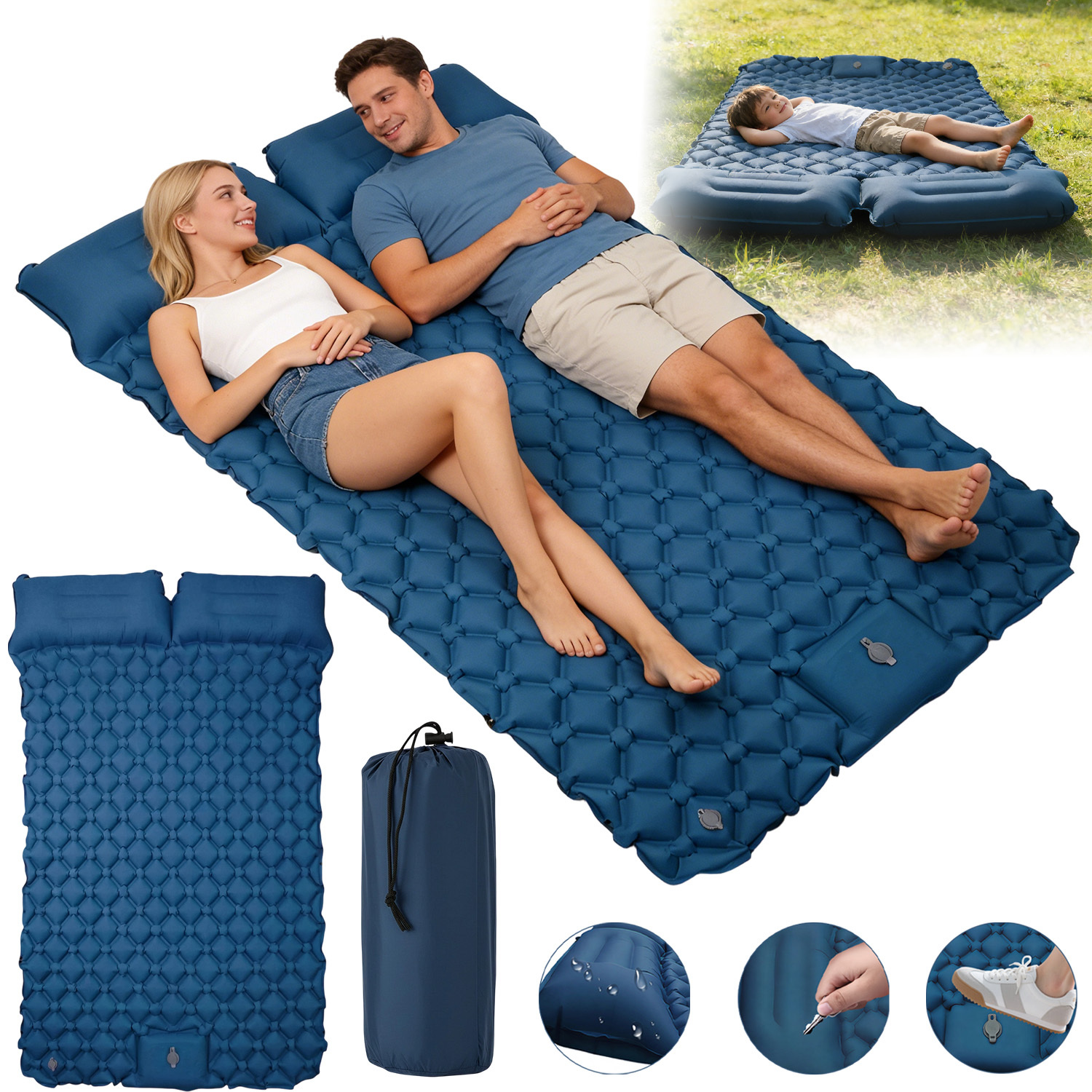 190*120*5cm Inflatable Sleeping Mat For 2 People Built-in Foot Pump For Camping Hiking Mountaineering