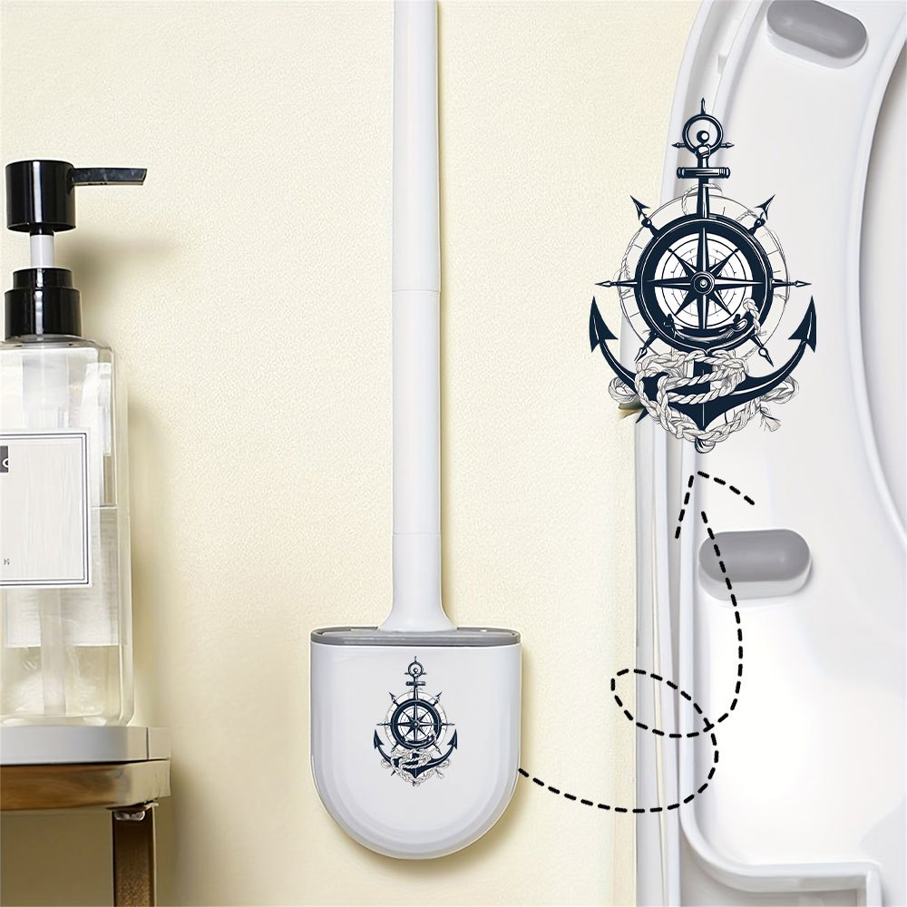 TEMU 1pc Nautical Anchor Pattern Portable Toilet Brush, Long Handle Toilet Cleaning Brush With Storage Holder For Bathroom Daily Toilet Cleaning