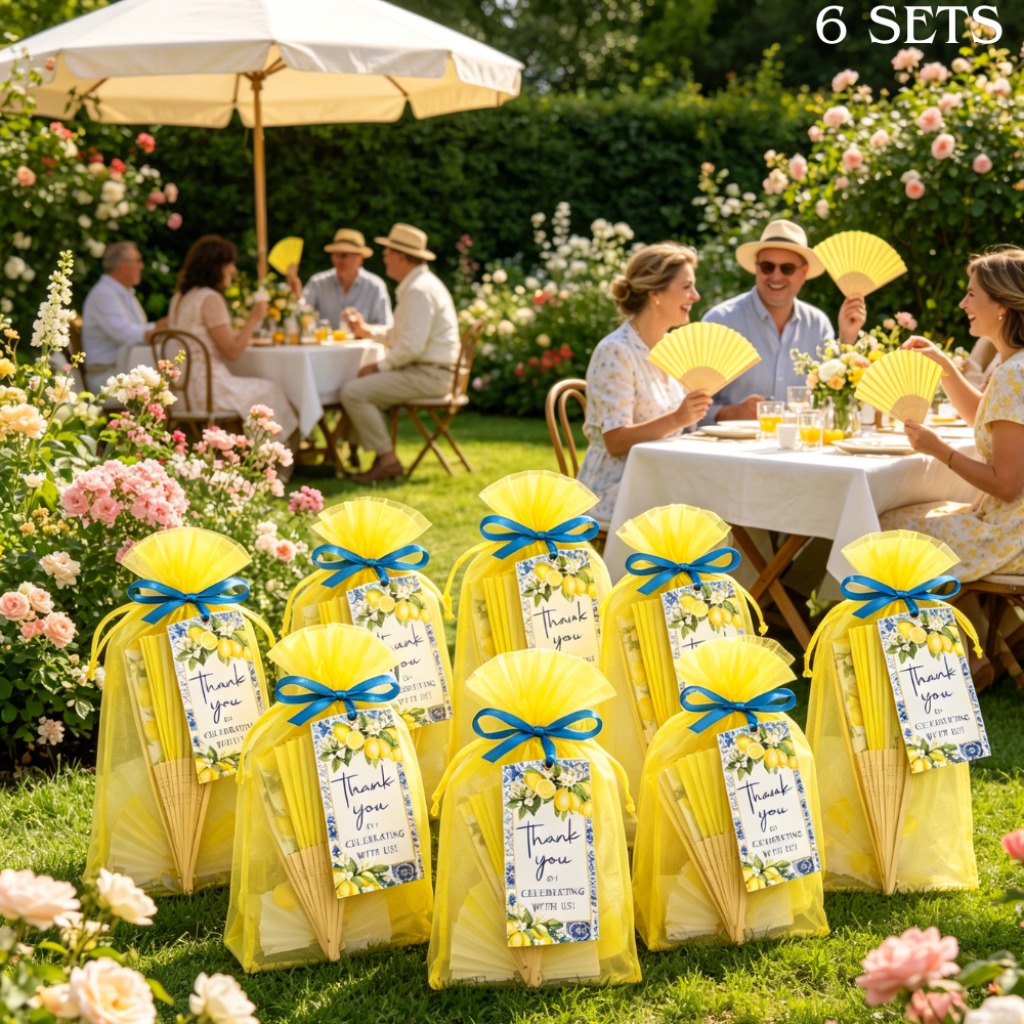 TEMU Cadeau pour Elle/Lui Lot de 6 ensembles de cadeaux de fête de mariage sur le thème citron avec éventail pliant à main, cartes de remerciement et