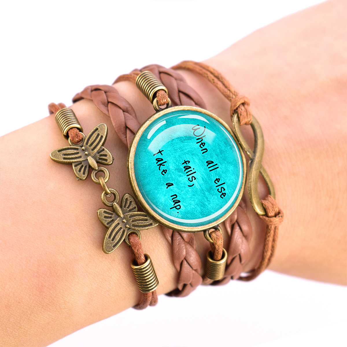 Adjustable Vintage Brown Bracelet with Dome Glass Inlay