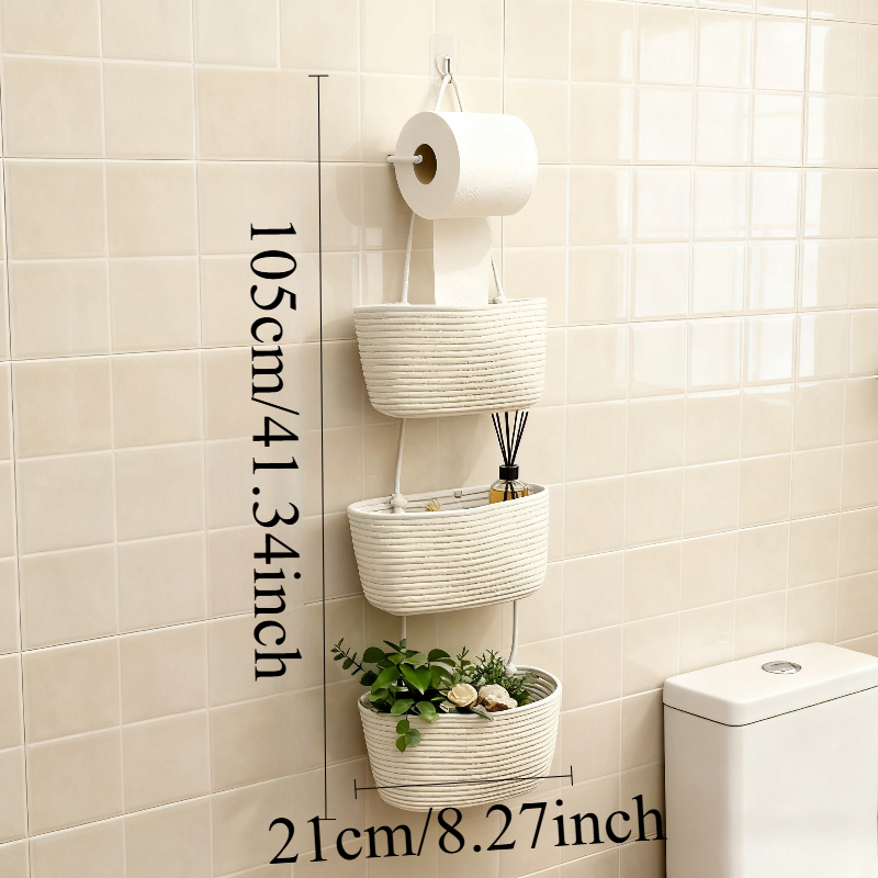 TEMU 1pc 1-tier Suitable For Living Room, Bathroom & Bedroom Hanging Storage Basket - 3-layer Rope Woven Shelf Organizer With Detachable