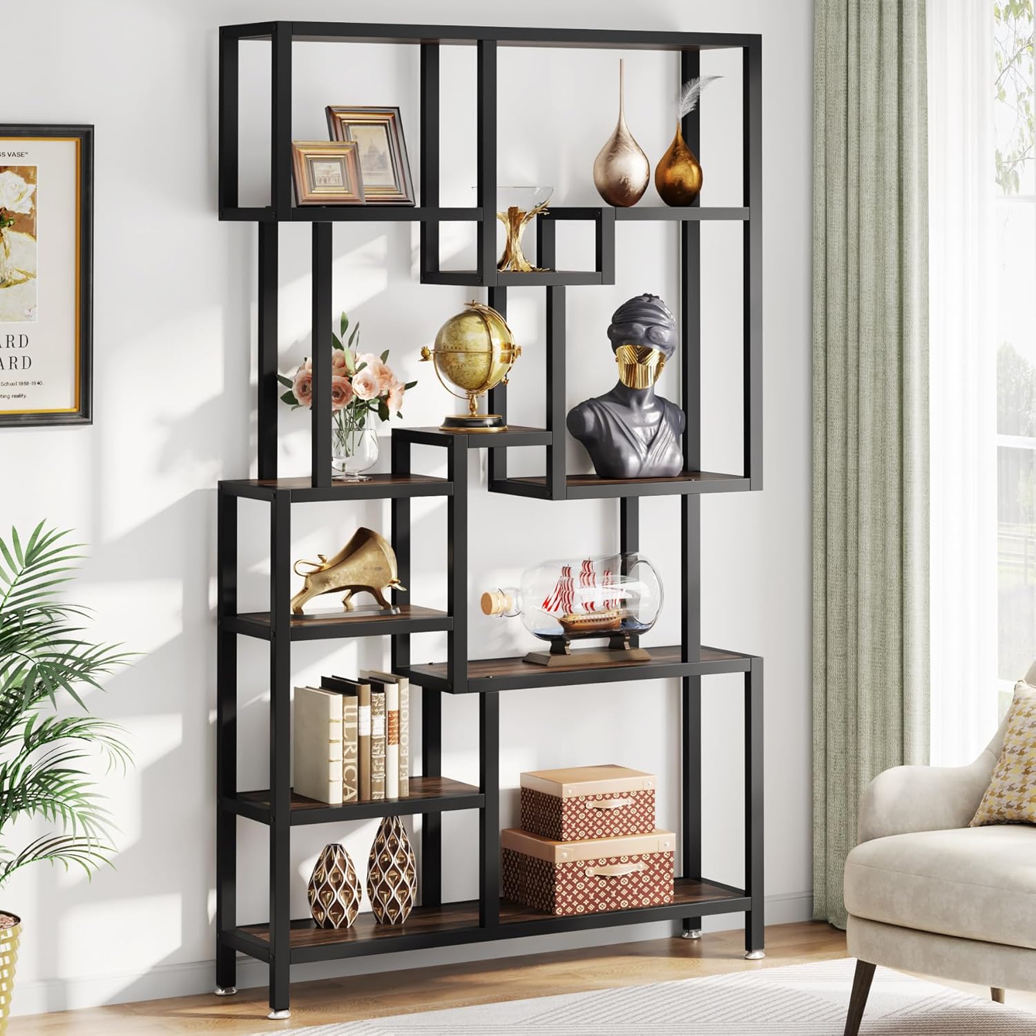 Image of 70.9-inch Tall Bookcase, 7-tier Industrial Wooden Bookshelf With Metal Frame, Open Etagere Storage Shelf For Living Office