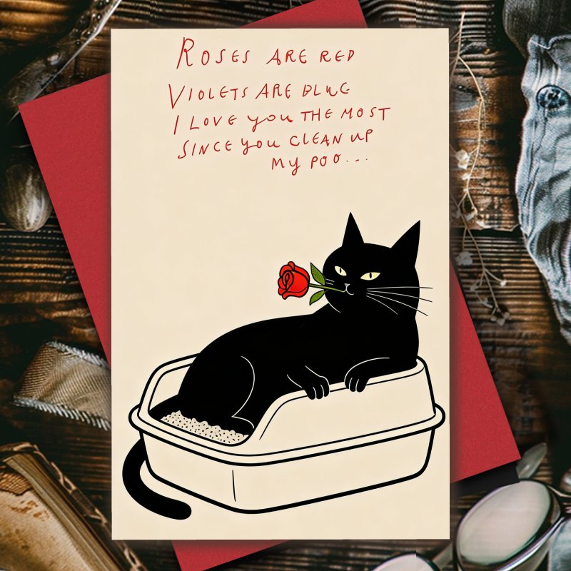 TEMU 1pc Funny Cat Litter Box Valentine's Card With Black Cat Holding Rose - Humorous Poop Joke Greeting Card Suitable For Birthdays, Christmas,